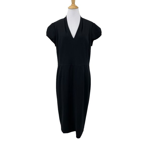 Betsey Johnson Sheath Dress Womens 14 Black Pleated Cap Sleeve V Neck Back Zip - Picture 1 of 15